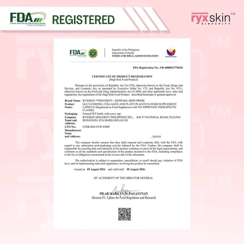 RyxSkin KENPAKU BIJIN PRIME-Collagen-Gluta-Vit C-Plant Placenta 62 capsules