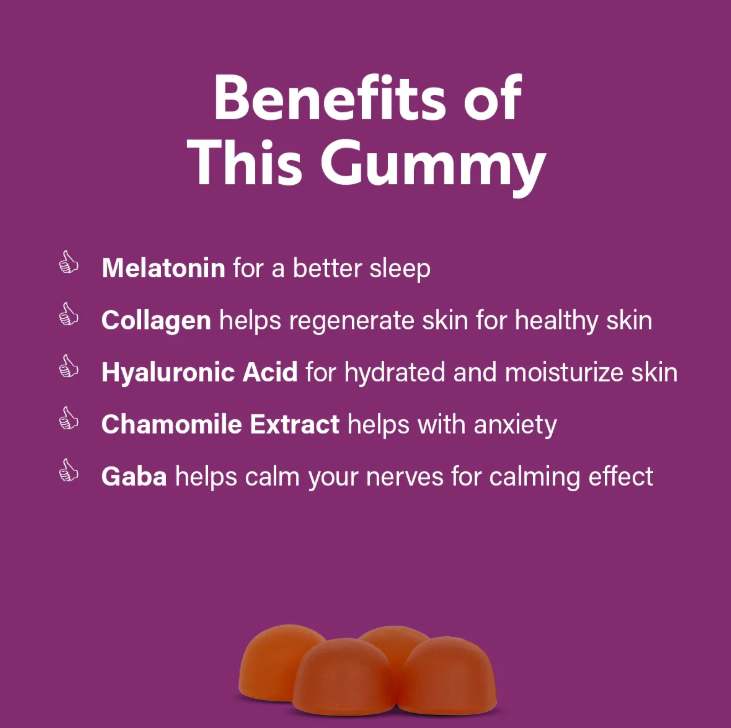 Wellspring Night Time Beauty Melatonin with Collagen and Hyaluronic Acid Gummies for Better Sleep with Glowing Skin Anti Aging