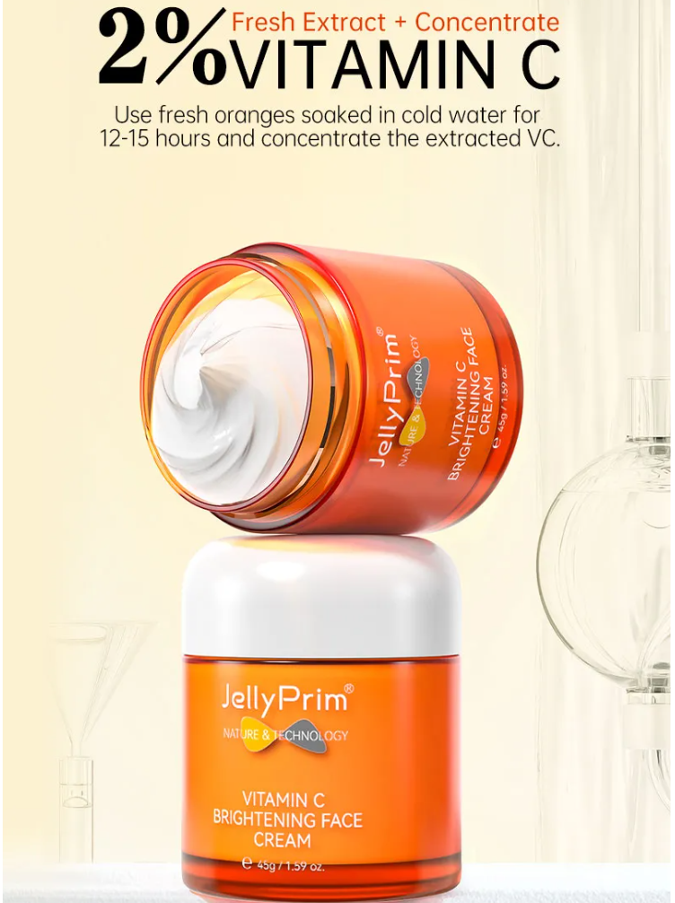 JellyPrim Vitamin C Whitening Face Cream Fading Melasma Dark Spots Acne Marks Moisturiser Non-Greasy Niacinamide Brightening Anti Aging Moisturizing Creams Beauty Skincare 45g