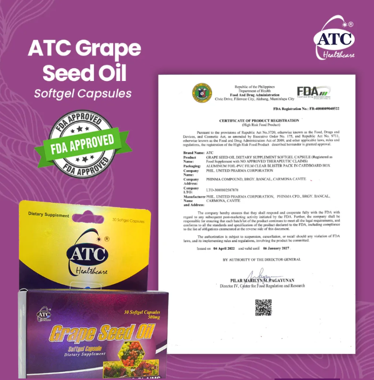 ATC Grape Seed oil 500mg x 30's Capsules Whitening Anti-sugar Antioxidant Skin Health Beauty Sunscreen