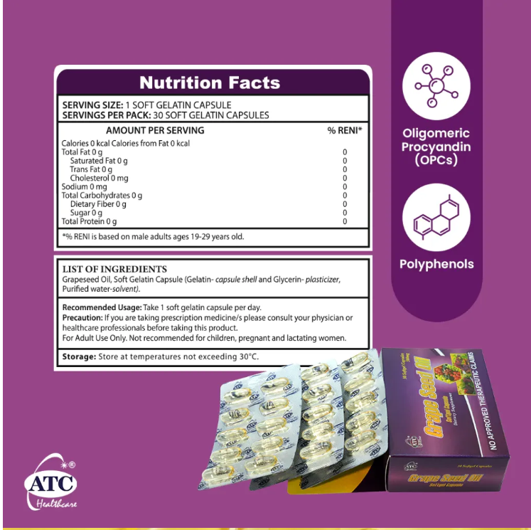 ATC Grape Seed oil 500mg x 30's Capsules Whitening Anti-sugar Antioxidant Skin Health Beauty Sunscreen