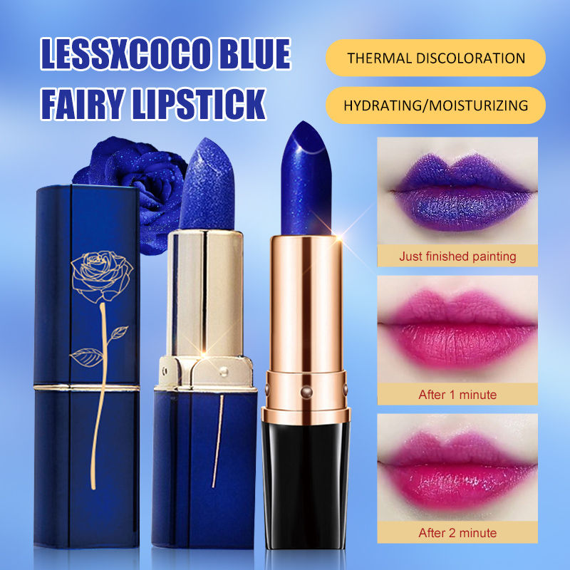 Lessxcoco 1pc Temperature Changing Lipstick Gradient Blue Rose Light Texture Non-stick Cup Color Changing Lip Balm Women Comestic Lip Makeup Blue Lipsticks