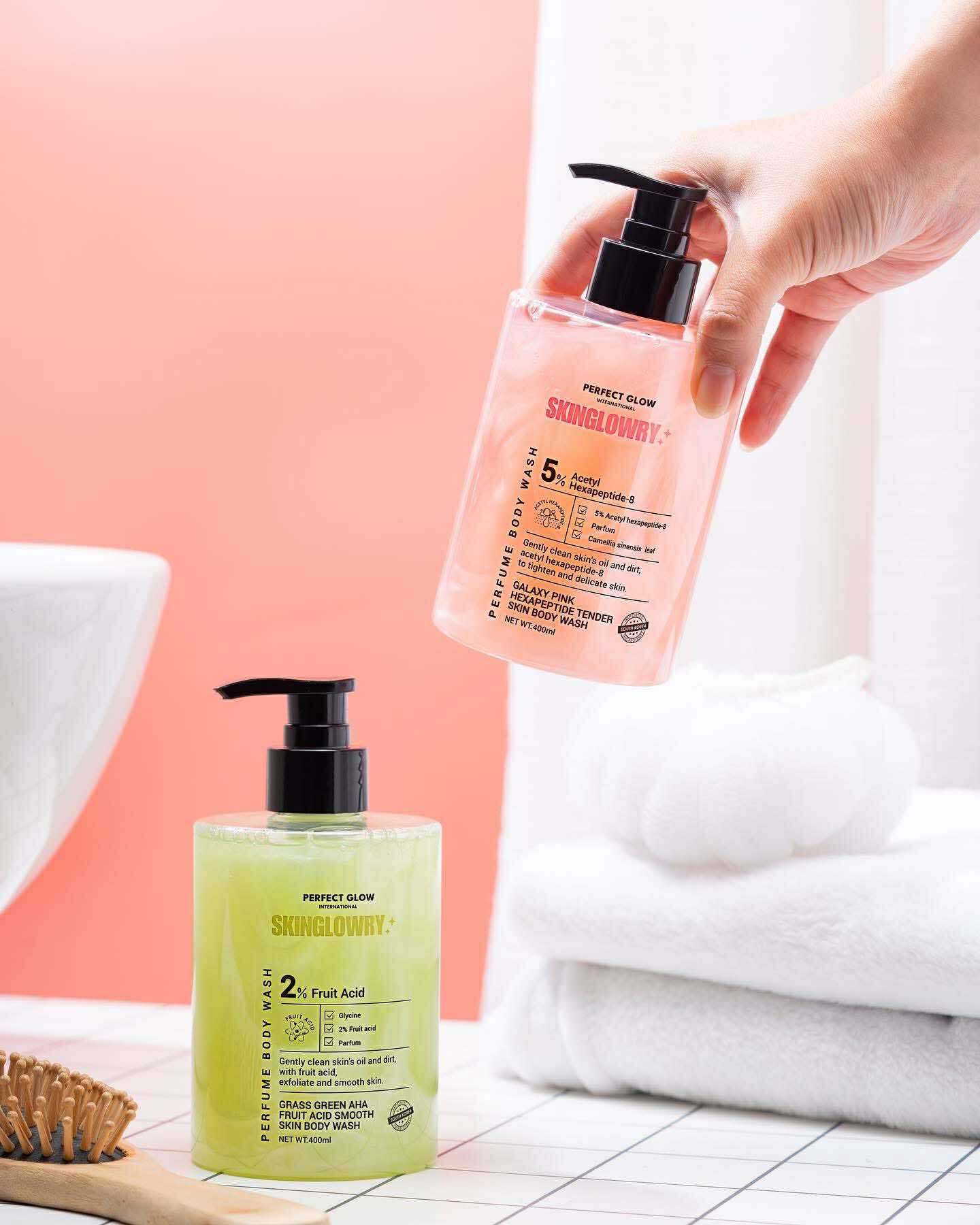 Skin Glowry Perfect Glow Shower Gel - Galaxy Pink Hexapeptide Tender Skin Or Gr Green Aha Fruit Acid Smooth Body Wash 400mL kiwi and Jasmine