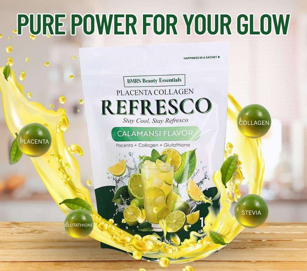 BMRS PLACENTA COLLAGEN CALAMANSI FLAVOR REFRESCO DRINK PLACENTA + COLLAGEN + GLUTATHIONE DIETARY SUPPLEMENT 18G