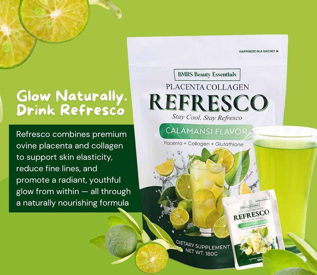 BMRS PLACENTA COLLAGEN CALAMANSI FLAVOR REFRESCO DRINK PLACENTA + COLLAGEN + GLUTATHIONE DIETARY SUPPLEMENT 18G