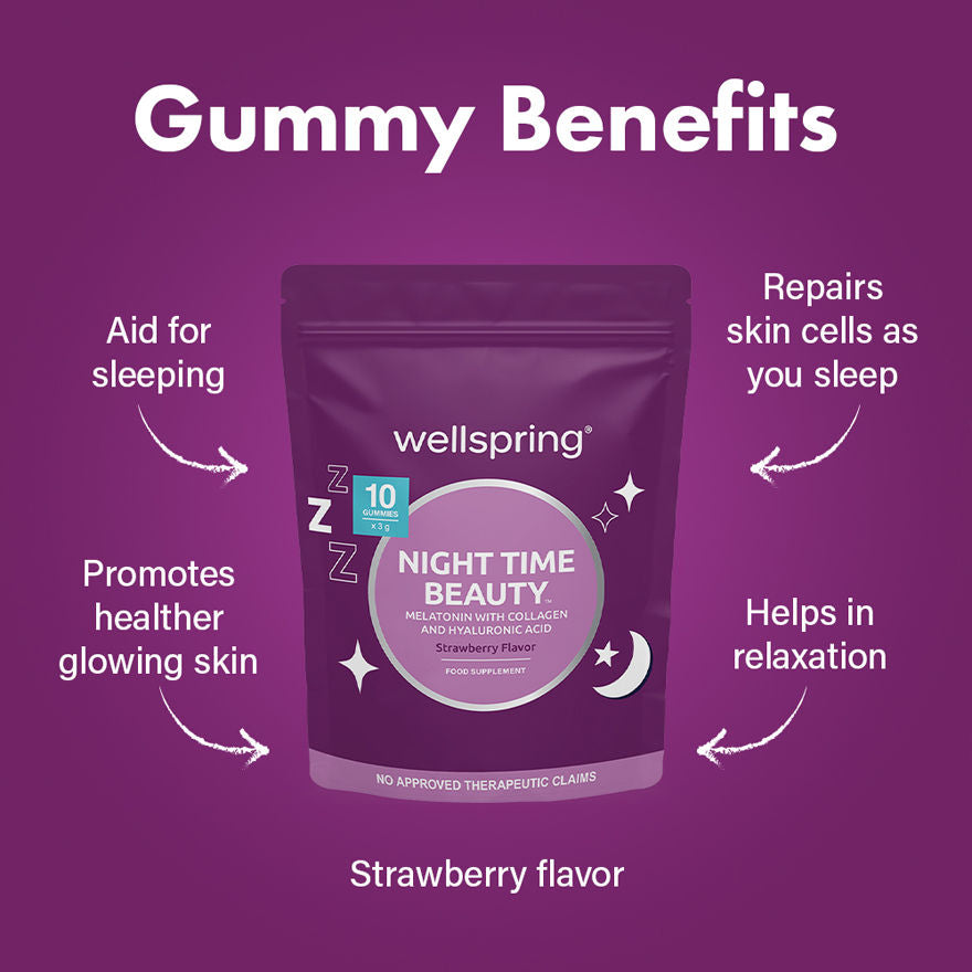 Wellspring Night Time Beauty Melatonin with Collagen and Hyaluronic Acid Gummies for Better Sleep with Glowing Skin Anti Aging