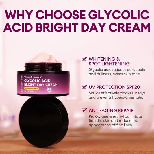 VIBRANT GLAMOUR Glycolic Acid Day Cream SPF20 Fades Dark Spots UV Sunscreen Brightens Skin Tone Anti-Aging Enriched With Pro-Xylane Retinol And for Smooth Refined Skin 30g