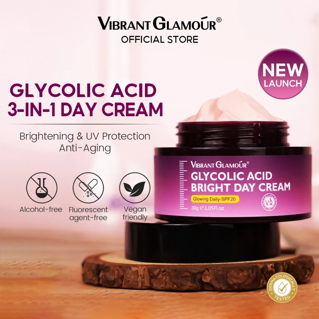 VIBRANT GLAMOUR Glycolic Acid Day Cream SPF20 Fades Dark Spots UV Sunscreen Brightens Skin Tone Anti-Aging Enriched With Pro-Xylane Retinol And for Smooth Refined Skin 30g