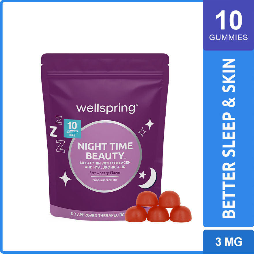 Wellspring Night Time Beauty Melatonin with Collagen and Hyaluronic Acid Gummies for Better Sleep with Glowing Skin Anti Aging