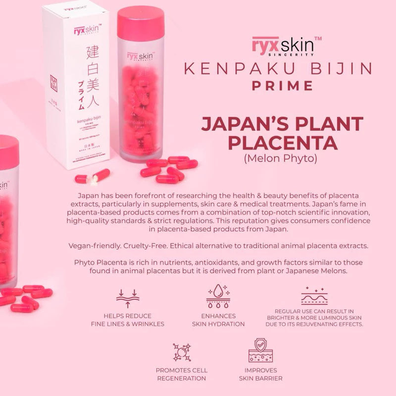 RyxSkin KENPAKU BIJIN PRIME-Collagen-Gluta-Vit C-Plant Placenta 62 capsules